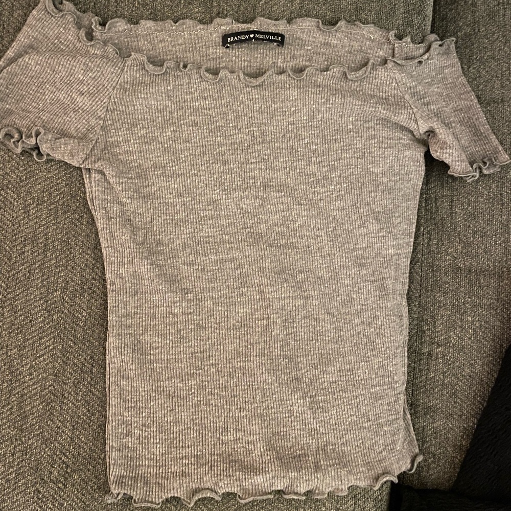 Brandy Melville Black & Light Gray Ribbed Off-Shoulder Short Sleeve Tops - Picture 3 of 4
